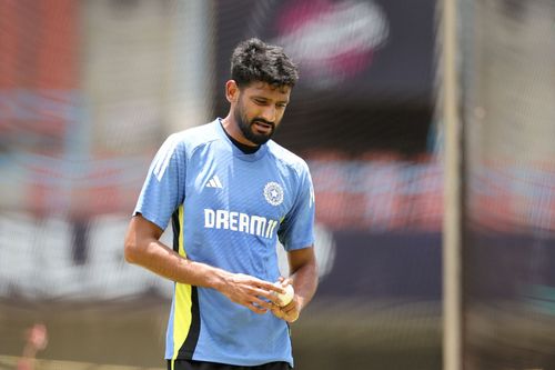 Khaleel Ahmed of India takes part in a net session.