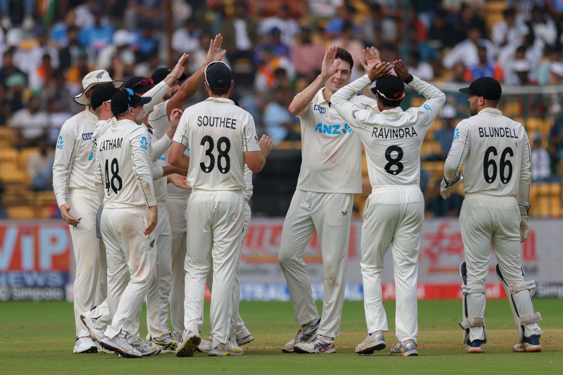 New Zealand players celebrate a wicket in the Bengaluru Test. (Image Credits: Getty Images)