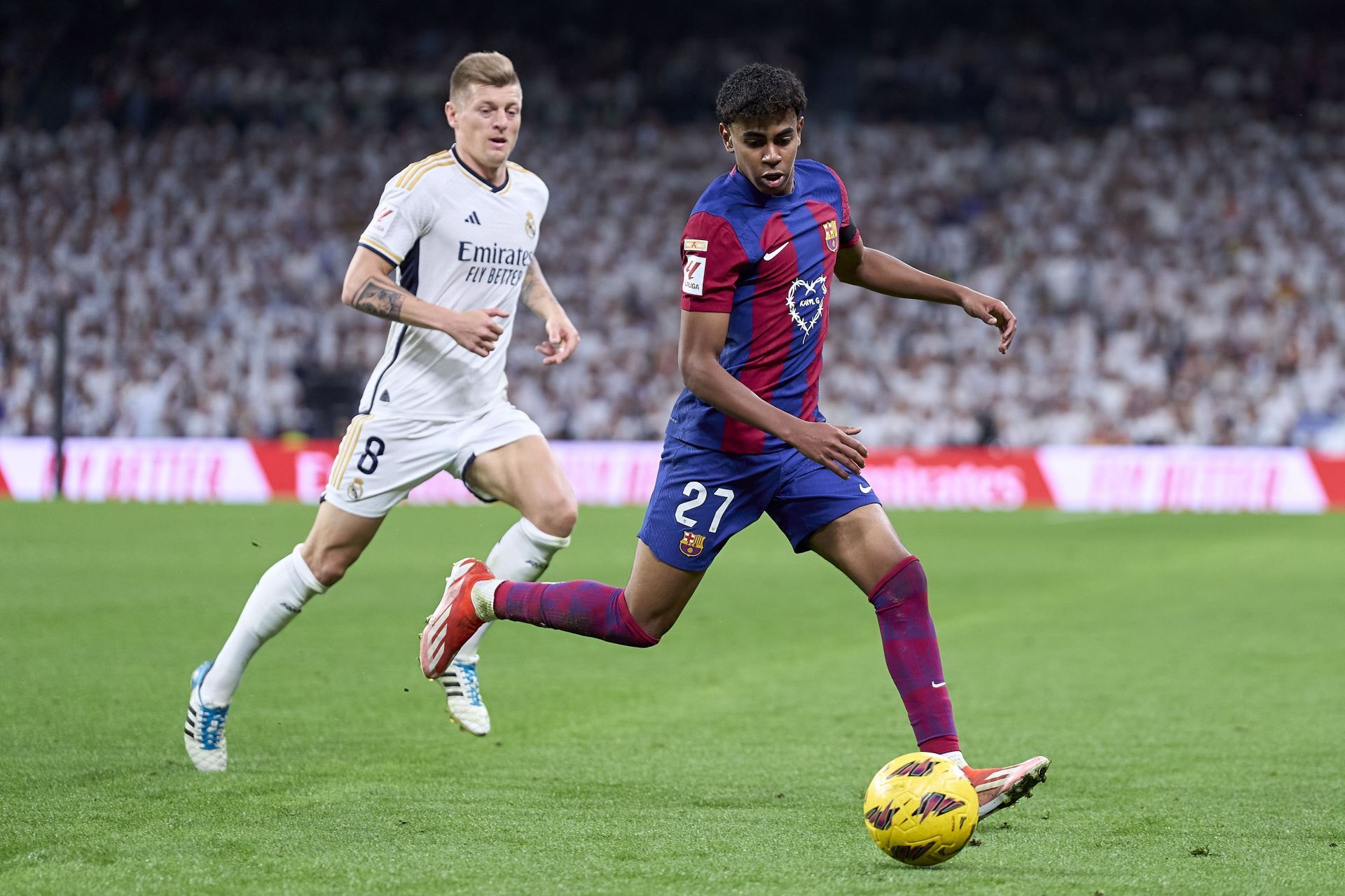 Real Madrid&#039;s Toni Kroos with Lamine Yamal - Source: Getty