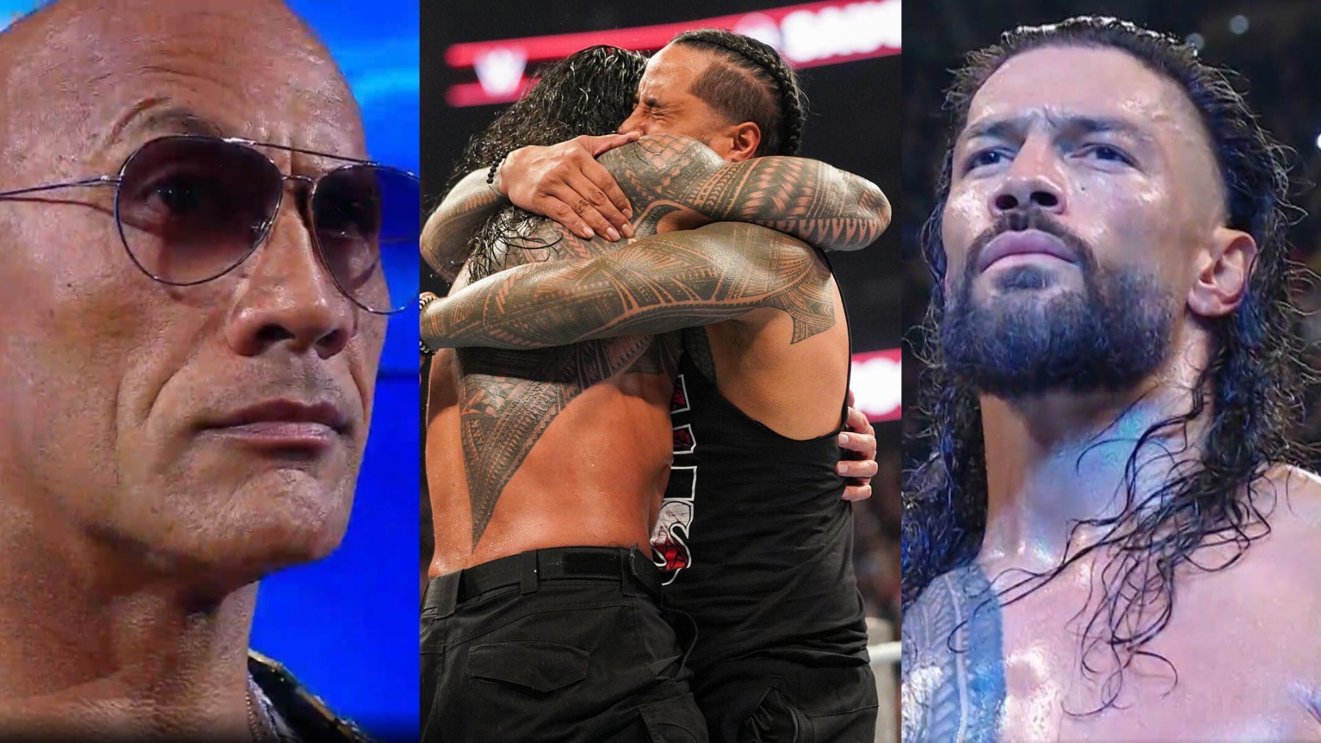 The Rock came face-to-face with Roman Reigns, Jimmy Uso, and Cody Rhodes (Image Credits: WWE.com and Sony Liv)