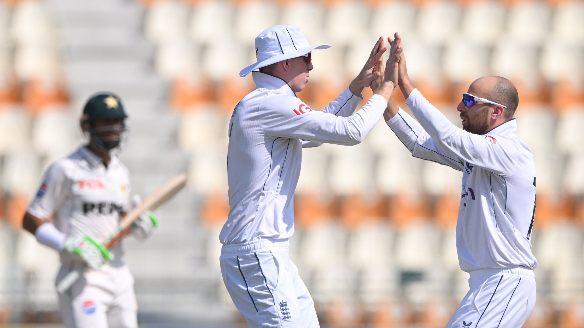 Jack Leach celebrates Shan Masood&#039;s wicket. (Credits: England cricket Twitter)