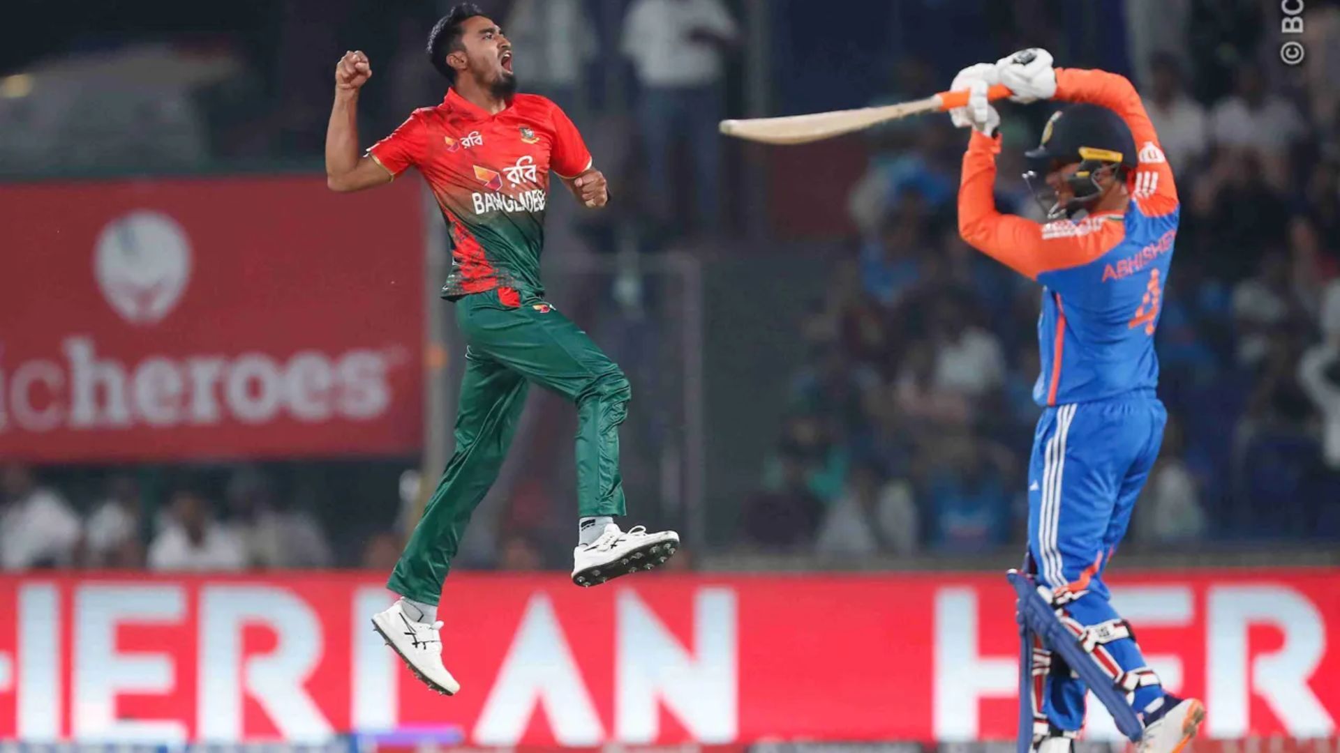 Tanzid Hasan Tamim celebrating Abhishek Sharma&#039;s wicket (Image credits: BCCI)