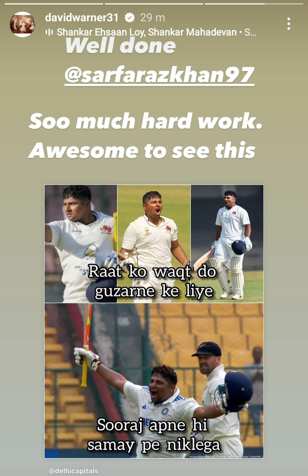 David Warner lauds Sarfaraz Khan for scoring maiden Test century (Image via Instagram-@davidwarner31)