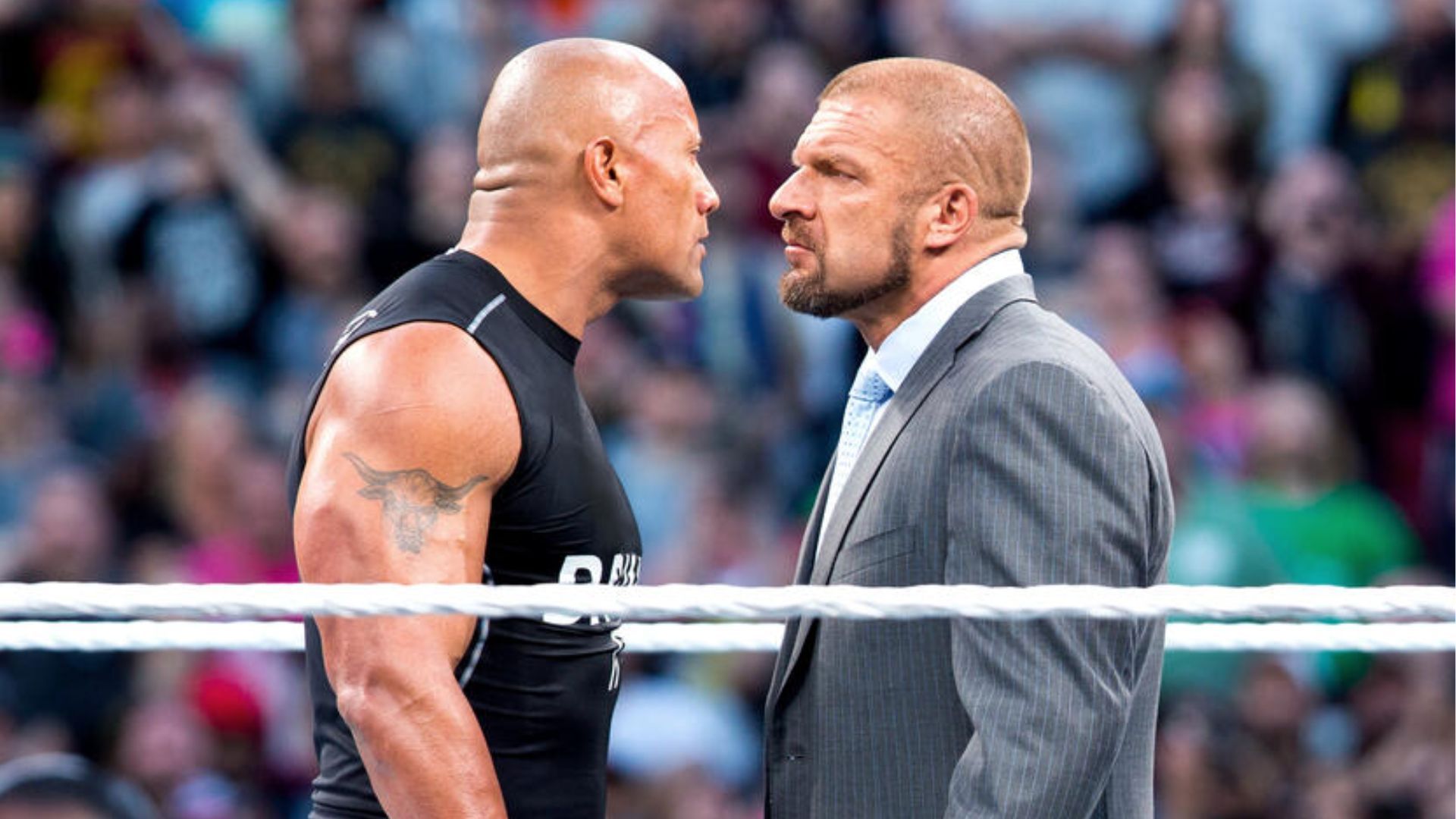 The Rock and Triple H during a staredown [Image via wwe.com]