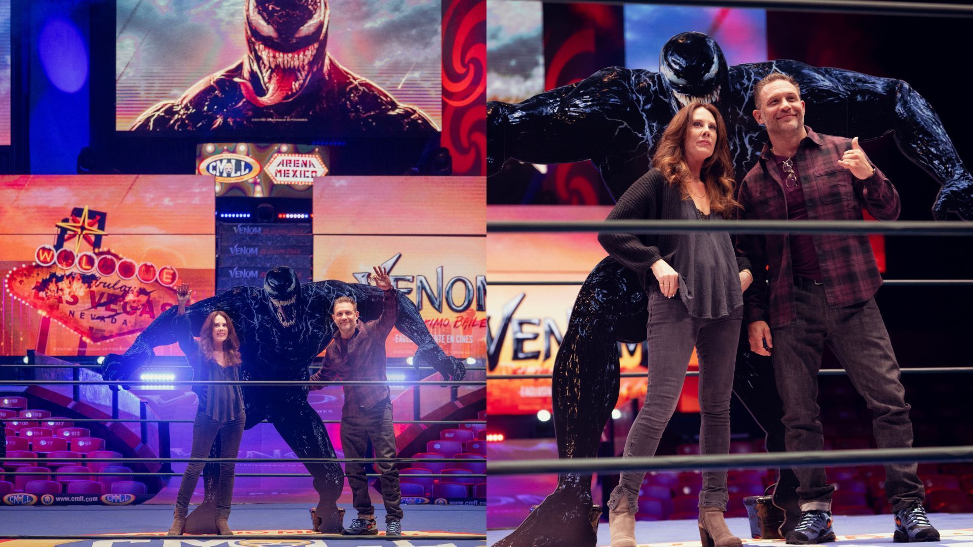 Tom Hardy made an appearance at a wrestling event. [Photos: SonyPicturesMX on X]