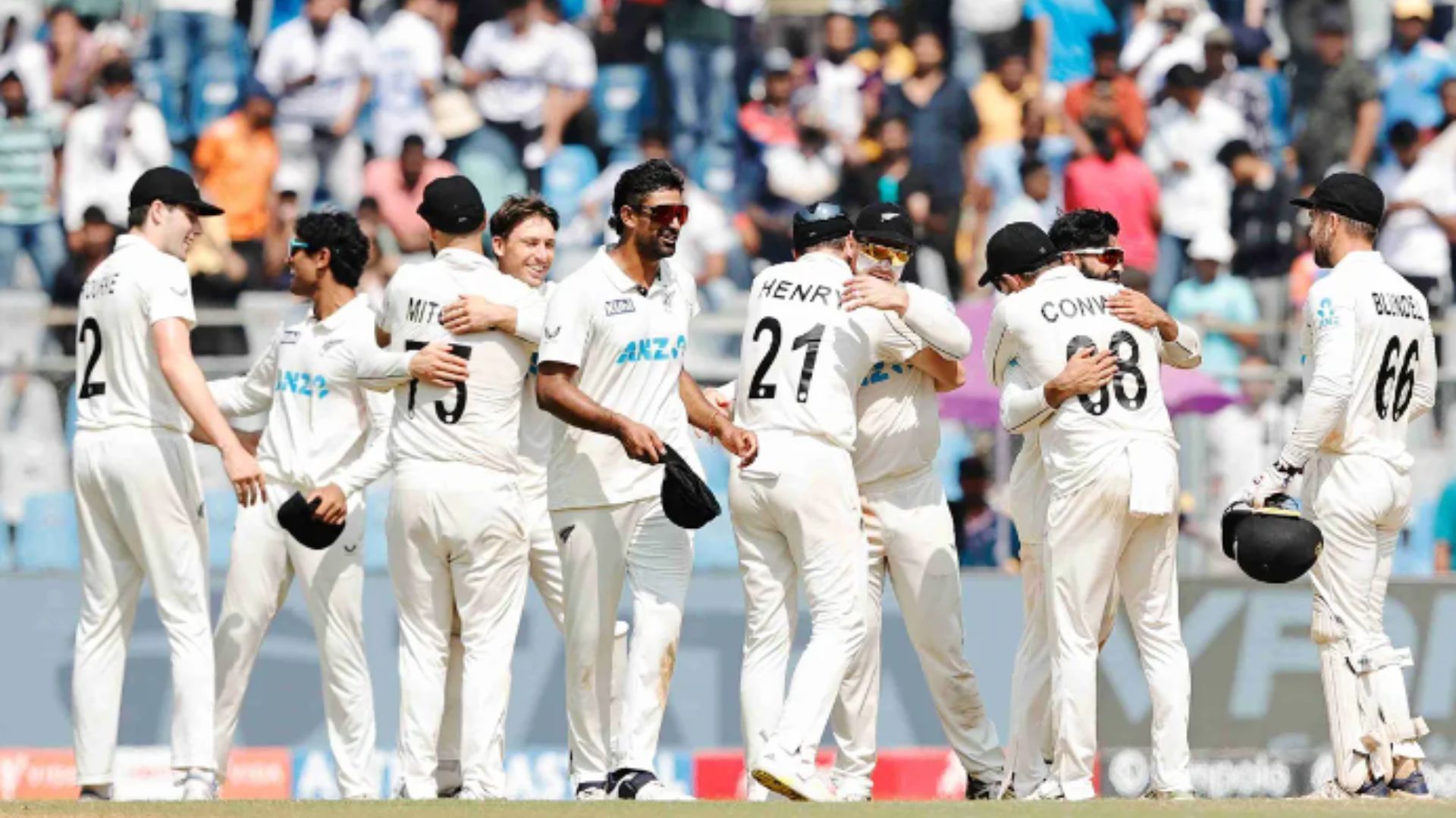 New Zealand celebrate picking up a wicket in the third Test against India.