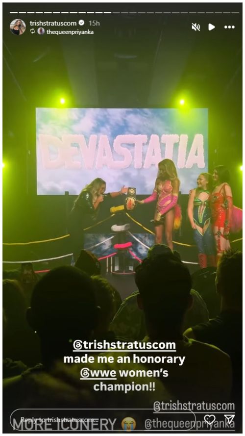 Trish Stratus presents the WWE Women's Championship to Priyanka. (Photo: Screengrabbed from Trish's Instagram story)