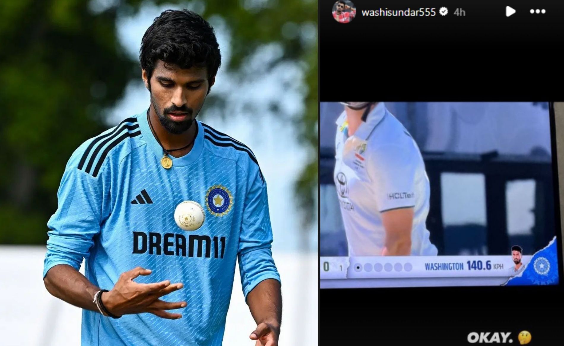 (Right) A screen grab of Washington Sundar&rsquo;s Instagram story (Image Credits: Getty Images &amp; washisundar555/ Instagram)