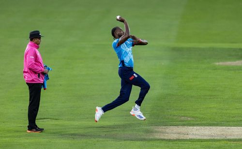 Jofra Archer of England in delivery stride