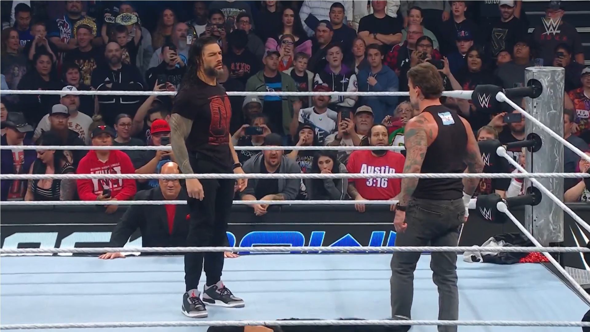 Reigns and Punk have a staredown (via WWE