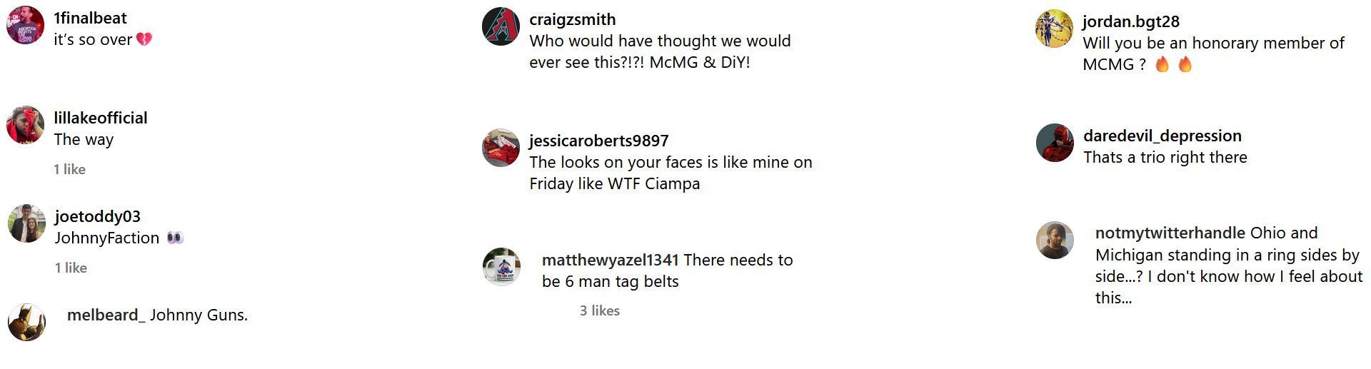 Screenshots of fan comments on Johnny Gargano's Instagram post (Photo Credit: Johnny Gargano's Instagram)