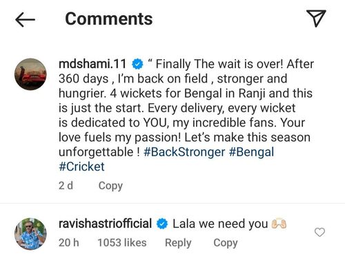 Ravi Shastri reacts to Mohammed Shami's latest Instagram post (Image via Instagram-@mdshami.11)