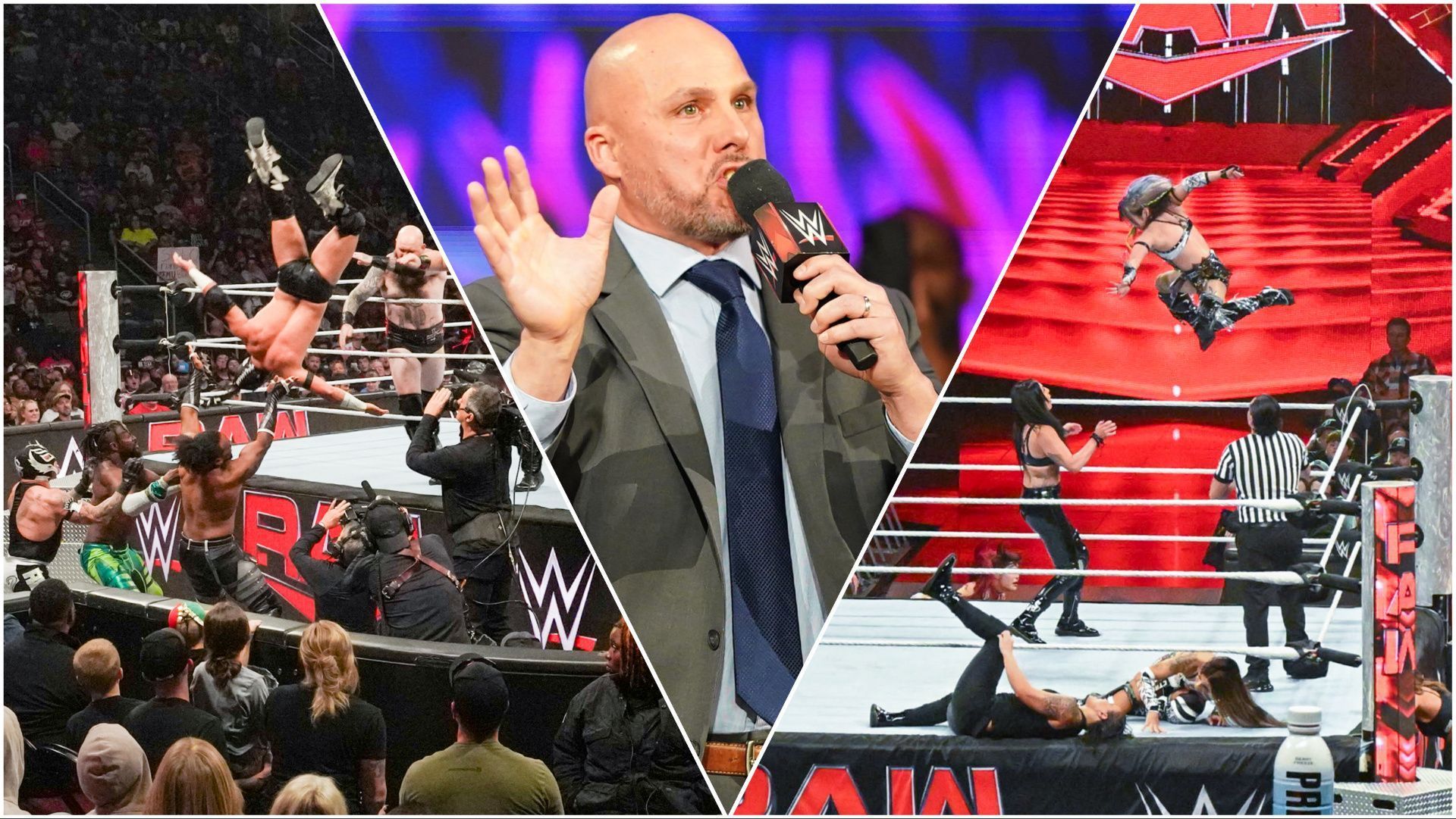 WWE Superstars and Adam Pearce on RAW