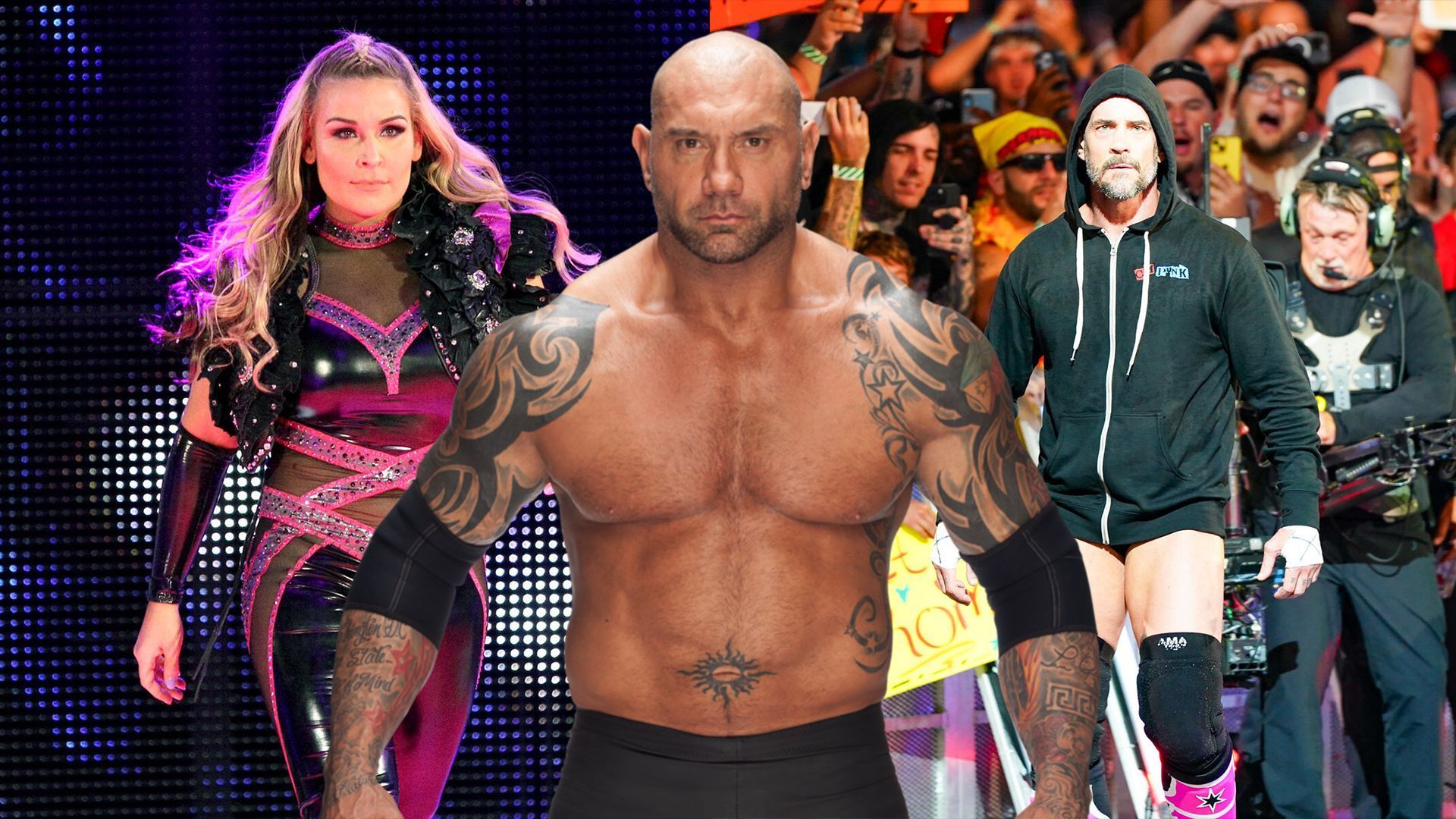 Natalya (L) , Batista (M) and CM Punk (R) [Credits: WWE.Com]