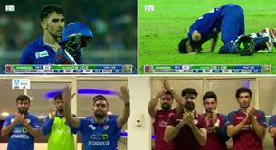 [Watch] Rahmanullah Gurbaz kisses his helmet badge, does sajda as teammates give him standing ovation on his 100 in AFG vs BAN ODI series decider