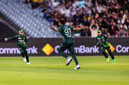 Haris Rauf (center) picked up his second ODI fifer as Australia were skittled out for 163 (File image via Getty)