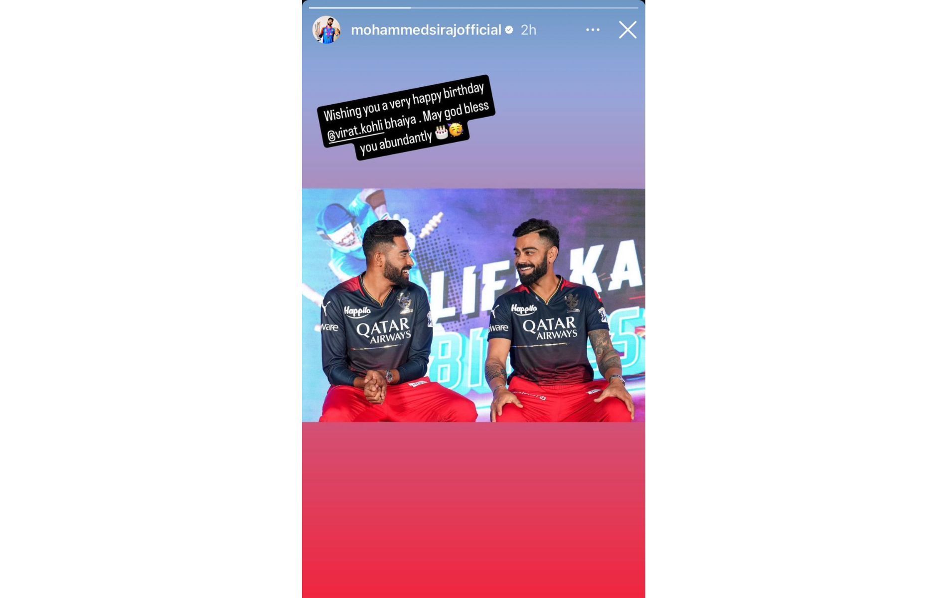 Screenshot of Mohammed Siraj's Instagram story.