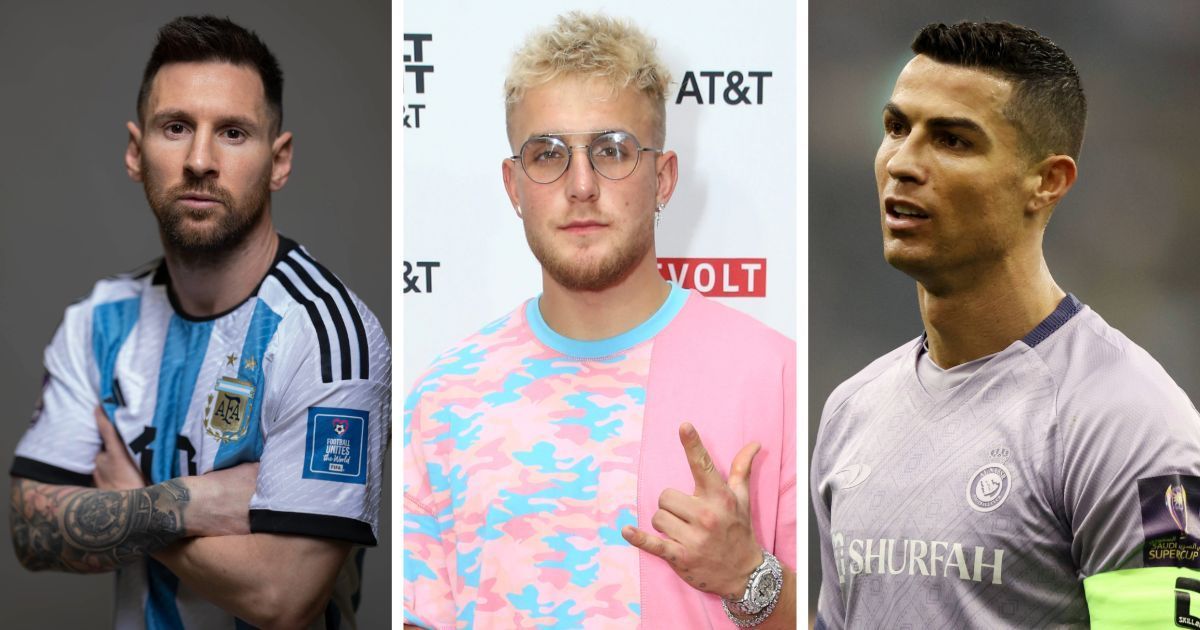 L to R: Lionel Messi, Jake Paul and Cristiano Ronaldo (All images sourced from Getty)