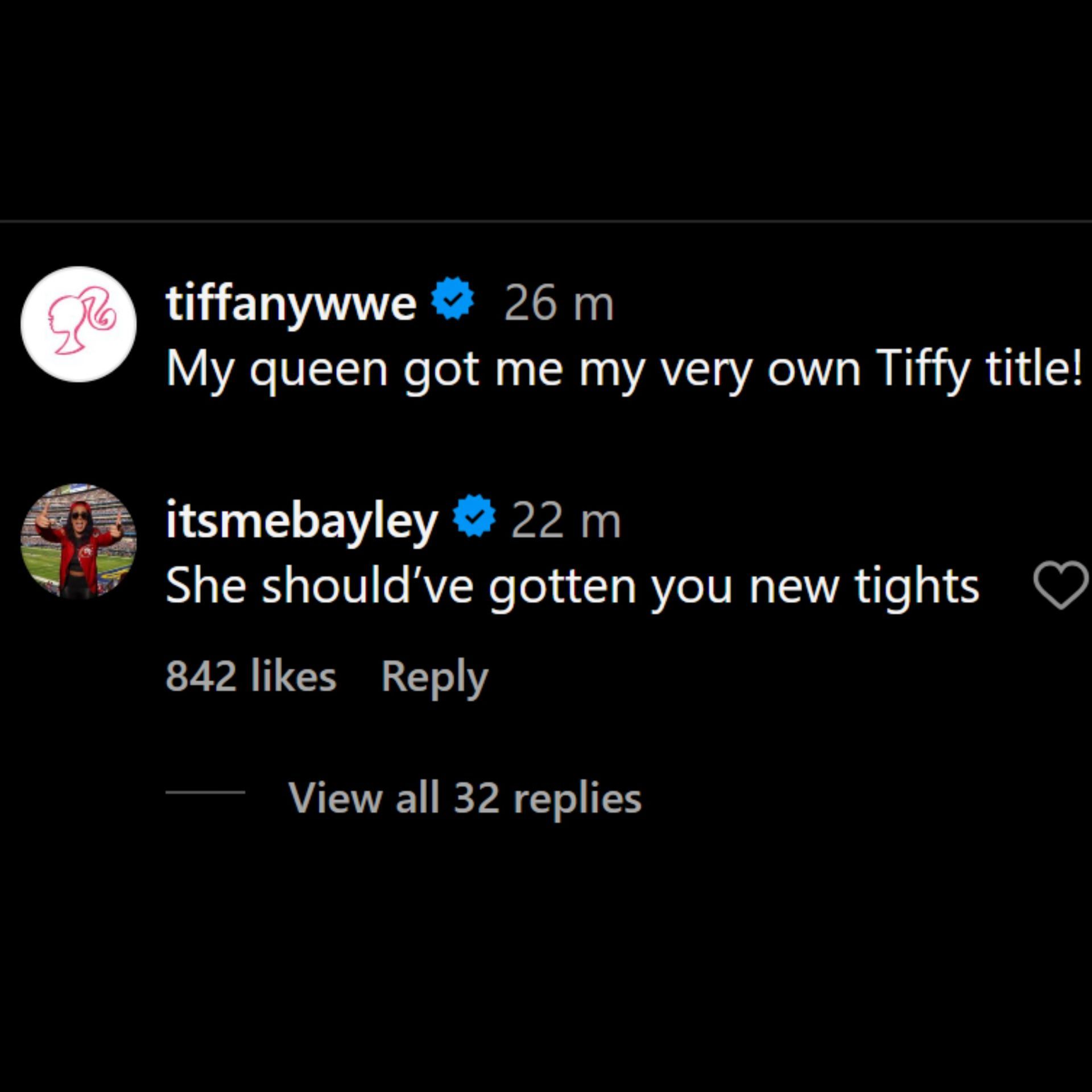 Bayley&#039;s comment on Tiffany Stratton&#039;s Instagram post.