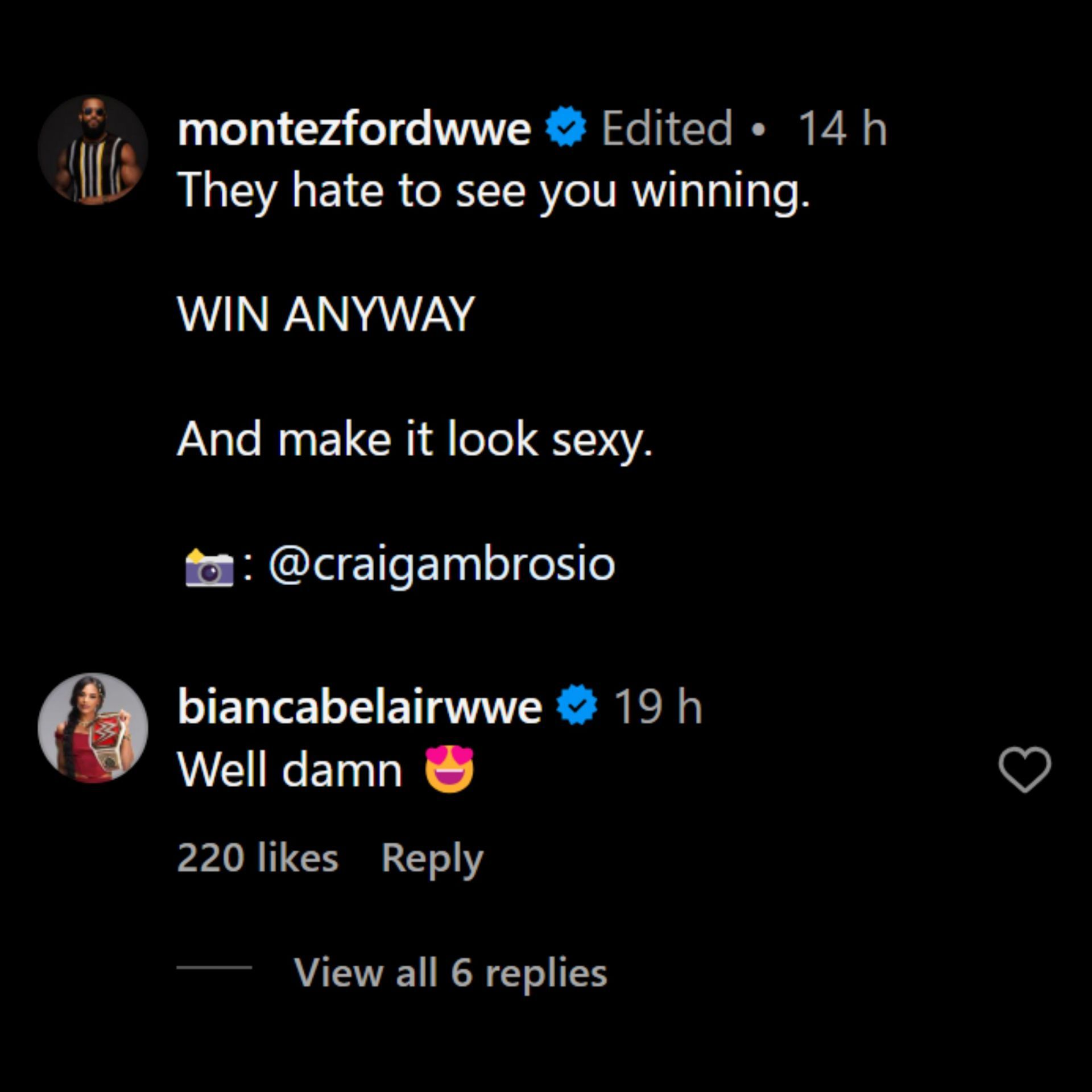 Bianca Belair&#039;s comment on Montez Ford&#039;s post. (Image credits: Instagram)