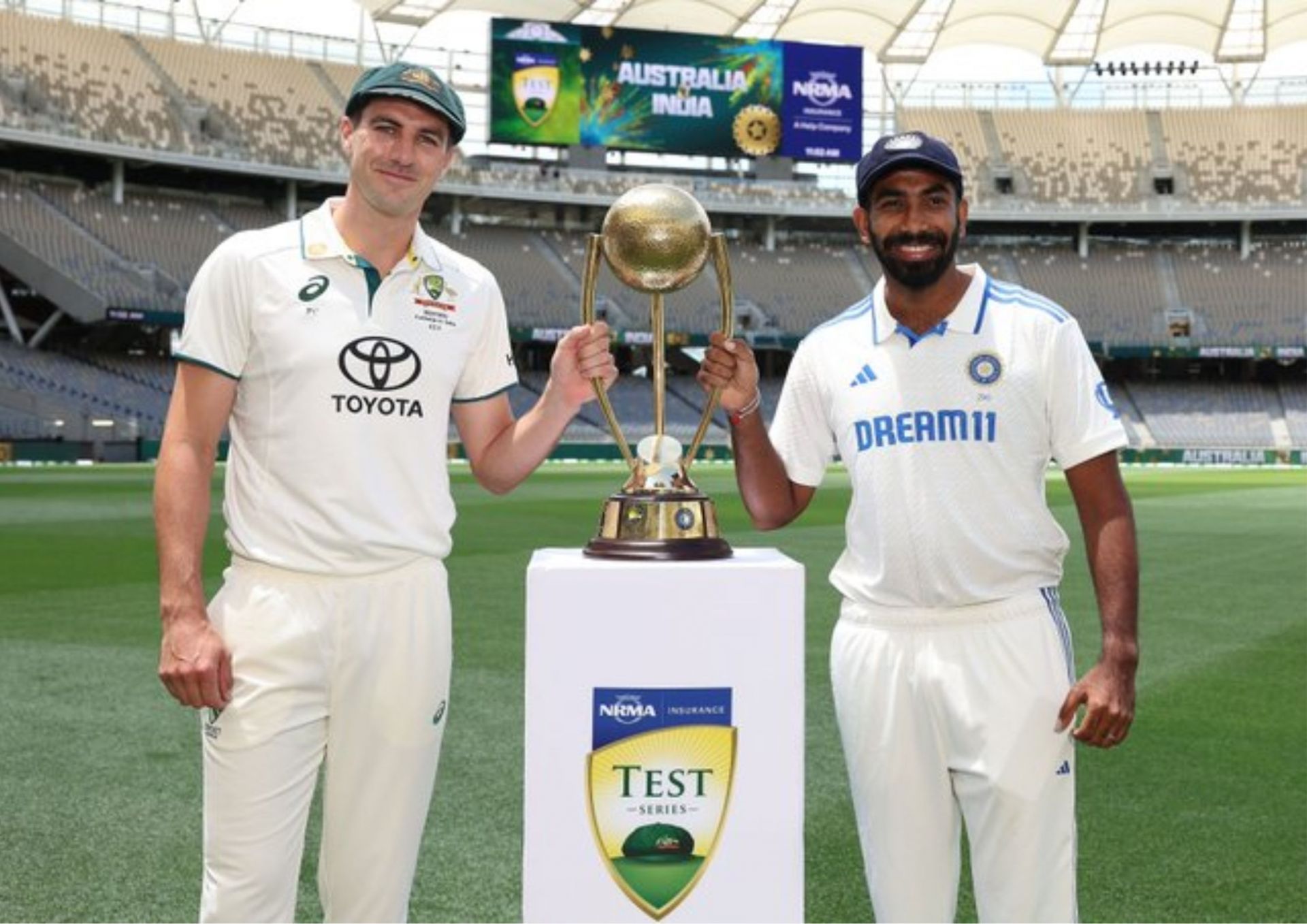 Pat Cummins and Jasprit Bumrah pose with the Border-Gavaskar Trophy on the eve of the first Test in Perth (Picture Credits: cricket.com.au)