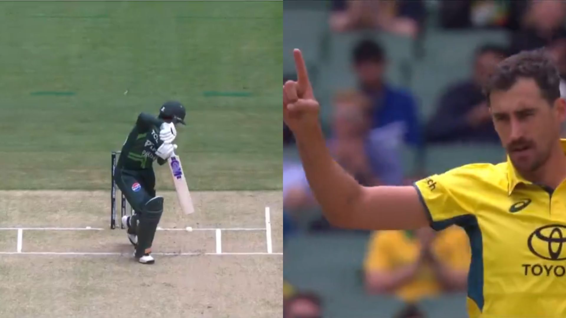 Saim Ayub (L) had his off stump pegged back by Mitchell Starc (R) on his ODI debut (Image credits: cricketcomau on X)