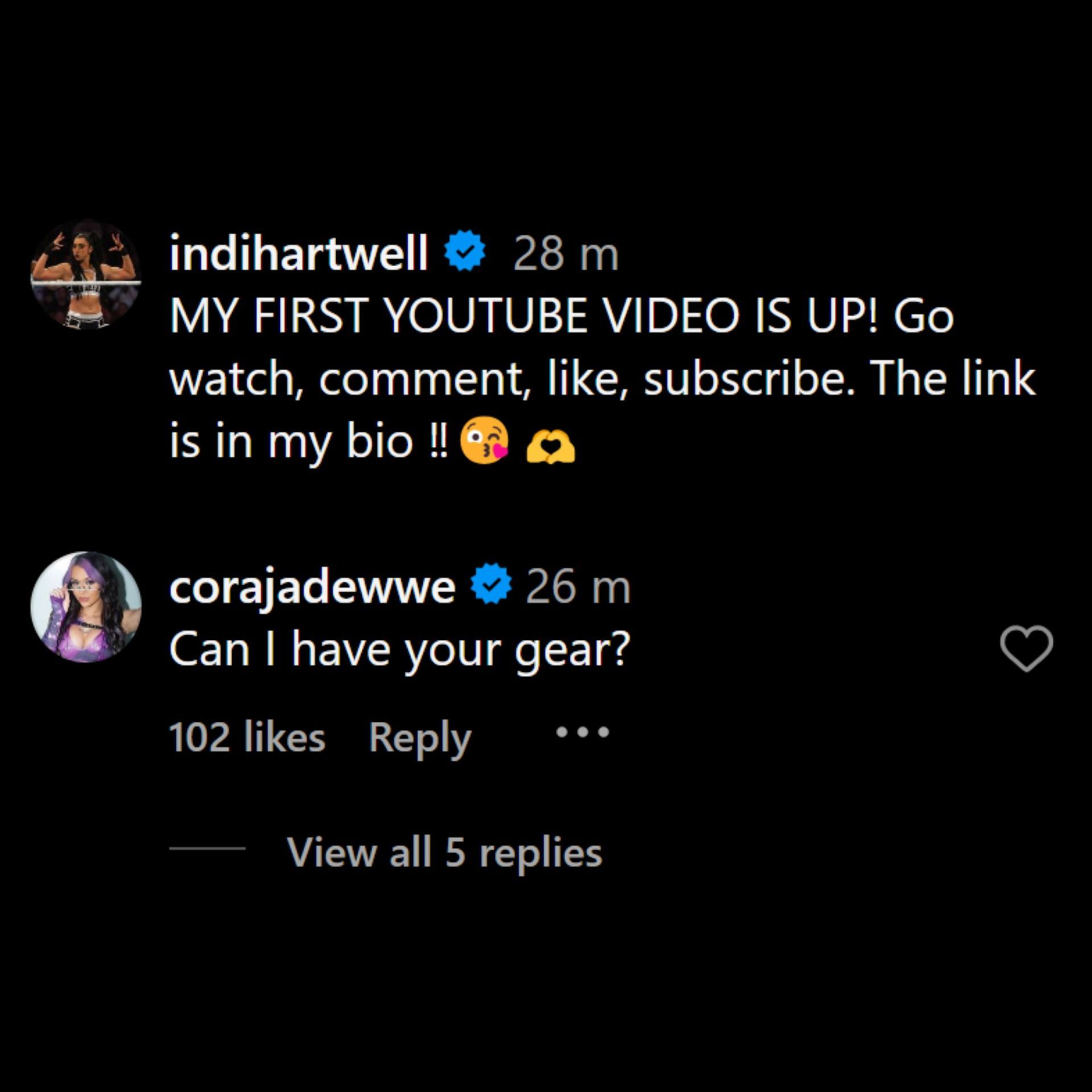 Cora Jade&#039;s comment on Indi Hartwell&#039;s Instagram post.