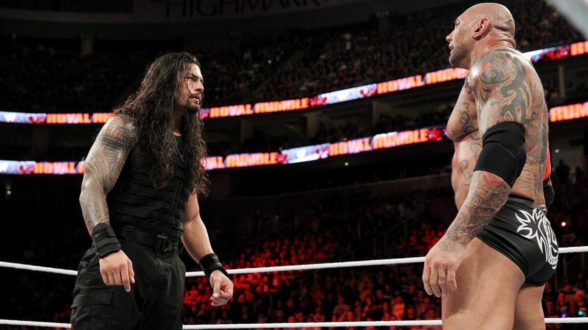 Roman Reigns and Batista during Royal Rumble in 2014. (Image credits: wwe.com)