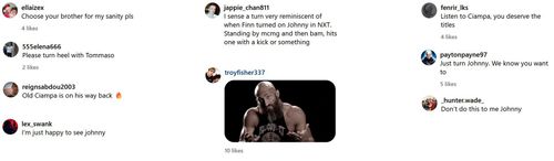 Screenshots of fan comments on Johnny Gargano's Instagram post (Photo Credit: Johnny Gargano's Instagram)