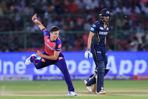 Rajasthan Royals bowler Trent Boult is in action during the Indian Premier League (IPL) T20 cricket match between Rajasthan Royals and Gujarat Titans.