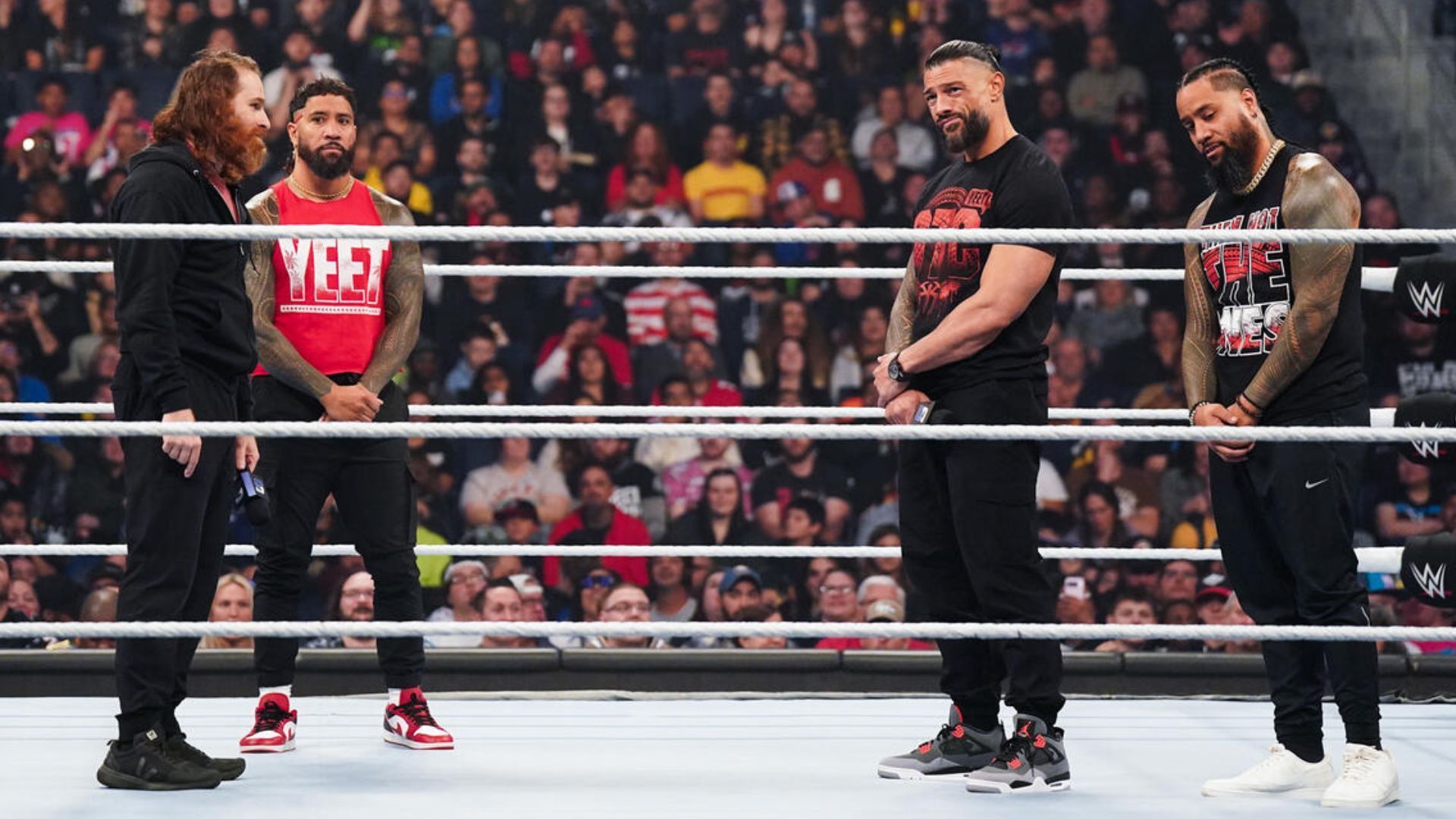 Roman Reigns, The Usos and Sami Zayn on the November 8th edition of SmackDown [Image via wwe.com]