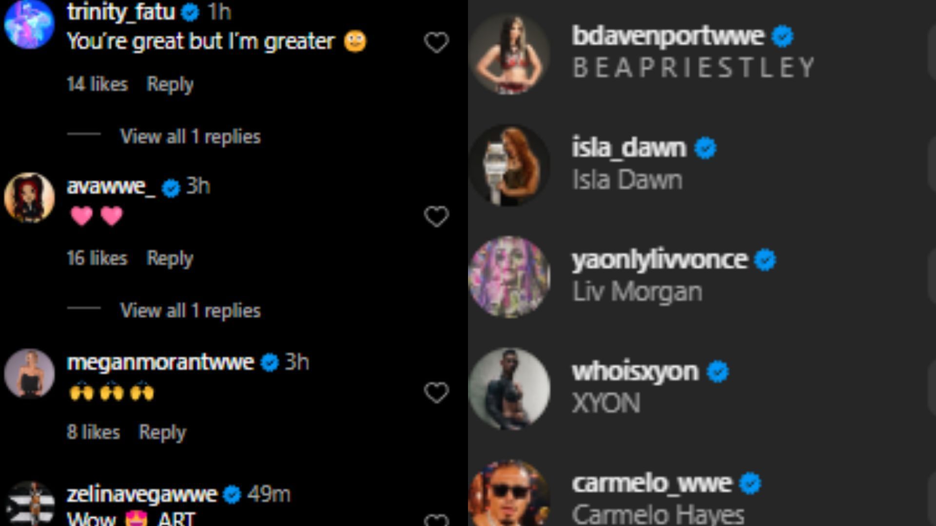 Multiple WWE stars reacted to the post (Credit: Nia Jax&#039;s Instagram)