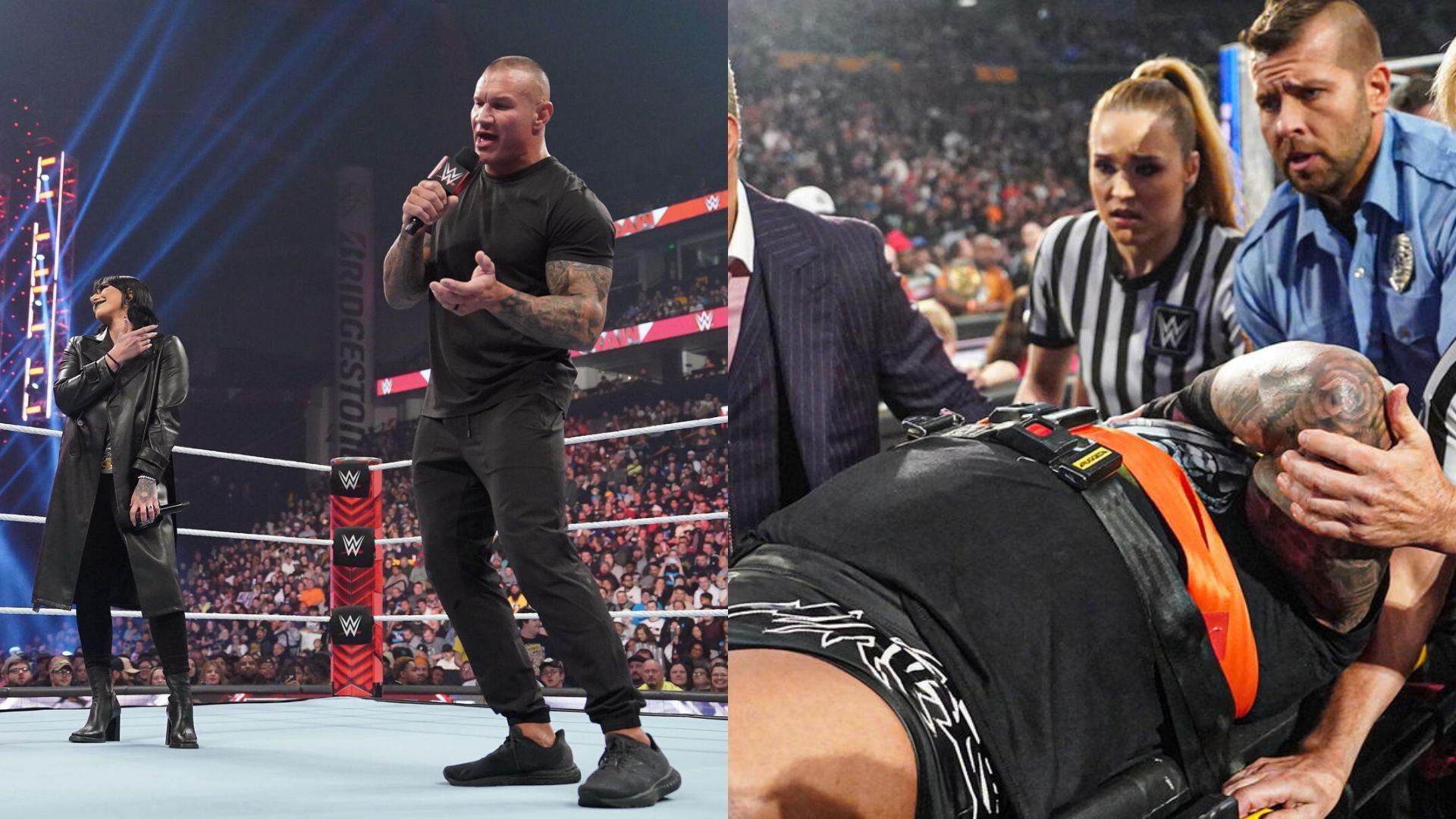 Rhea Ripley &amp; Randy Orton (left), The Viper being stretchered away (right) (Image Credits: WWE.com)