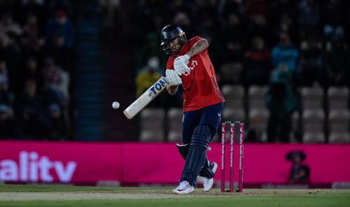 Phil Salt of England keeps his eye on the ball during the 1st Vitality T20 International at Utilita Bowl on September 11, 2024 in Southampton, England.