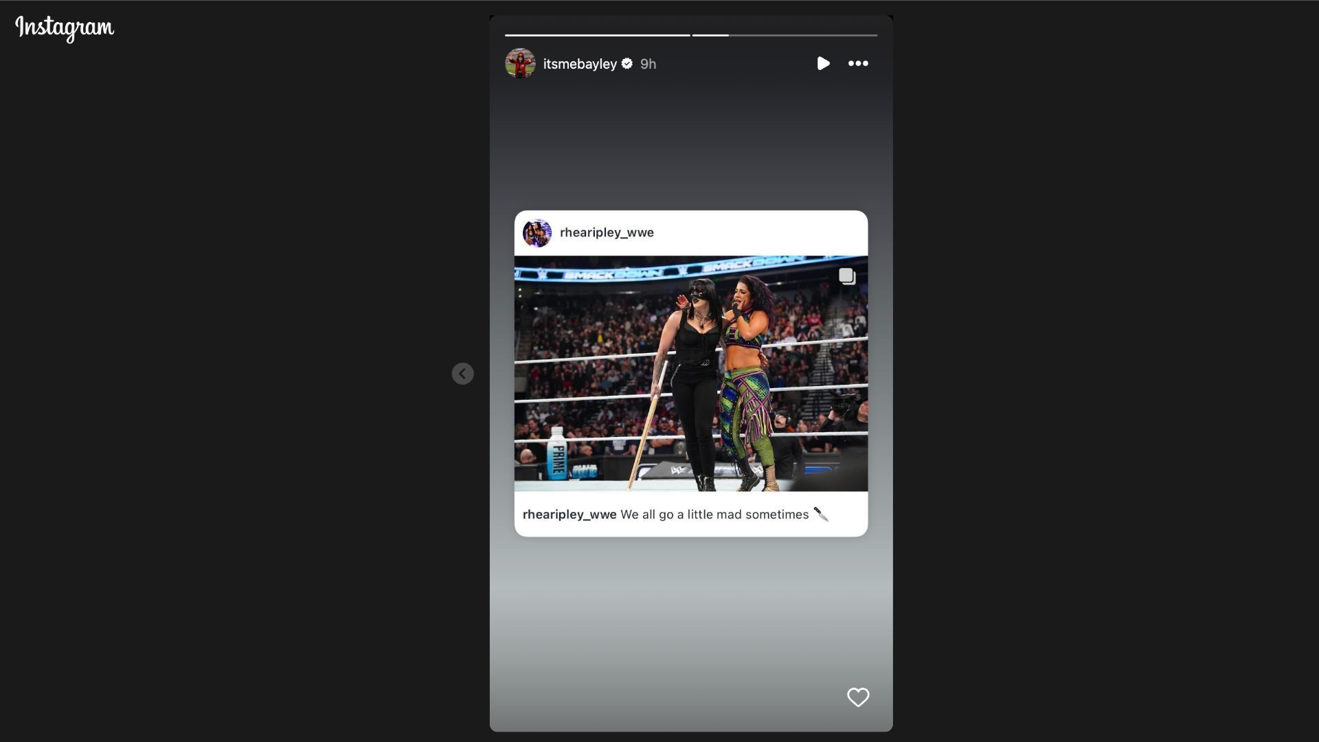 The Role Model shared Rhea&#039;s post on social media. [Picture source: Screenshot of Bayley&#039;s IG Story]