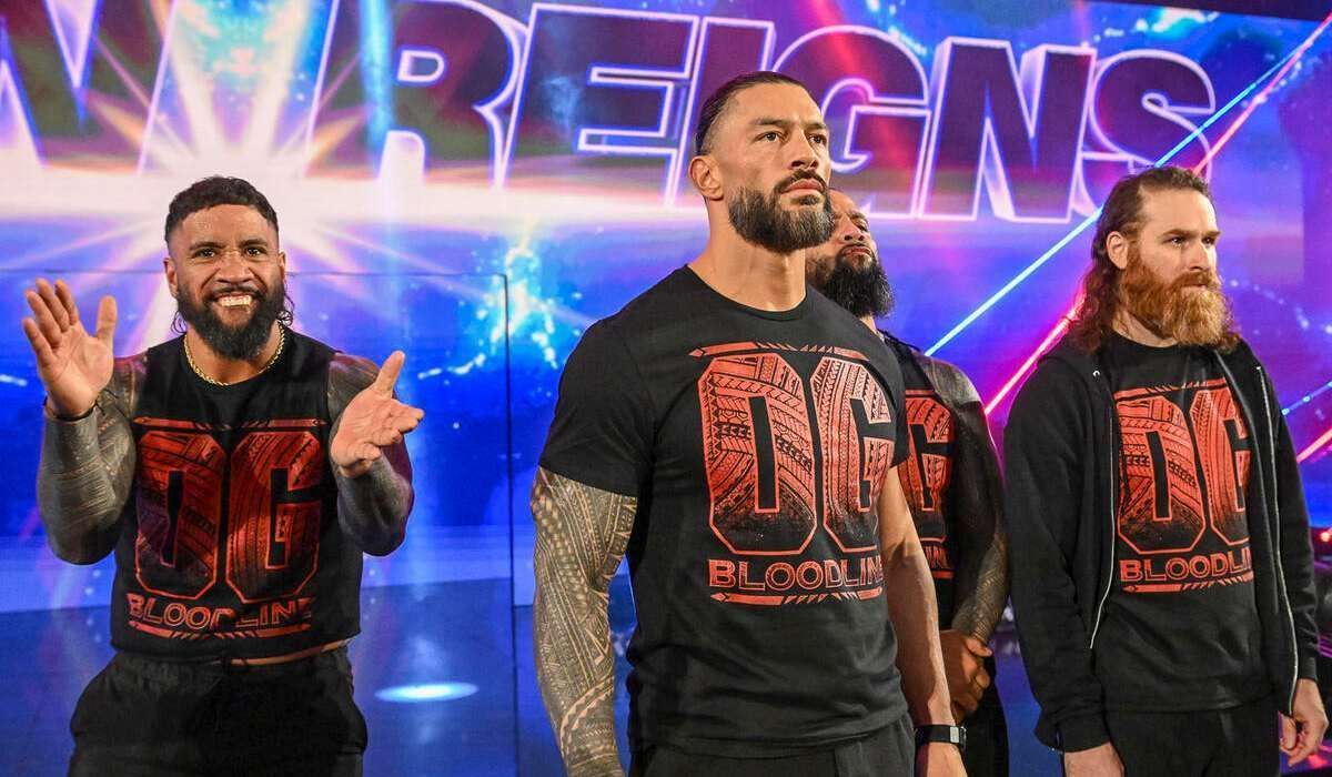 Roman Reigns along with The Usos and Sami Zayn on SmackDown. Photo credit: WWE.com