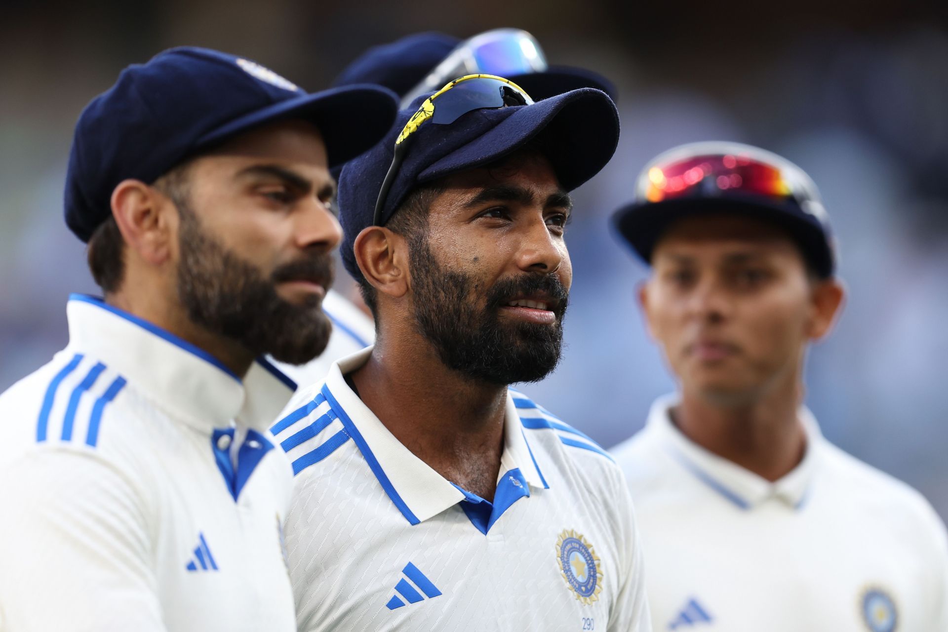 Jasprit Bumrah of India walks from the field at stumps during day one of the First Test match in the series between Australia and India at Perth Stadium on November 22, 2024 in Perth, Australia.