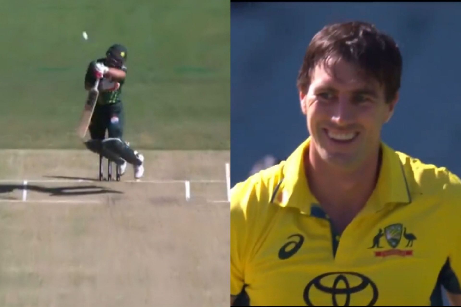 Pat Cummins dismisses Kamran Ghulam with a snorter (Image via X-@cricketcomau)