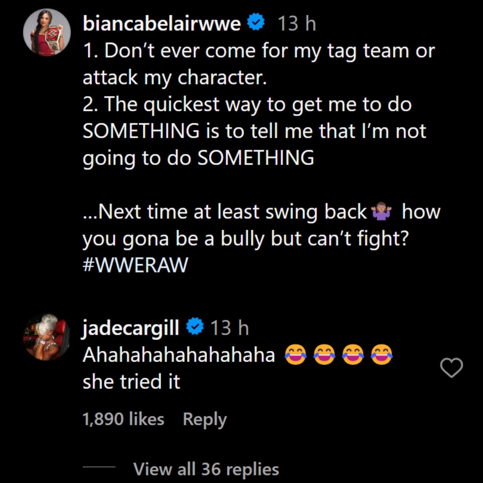 Jade Cargill&#039;s comment on Bianca Belair&#039;s Instagram post