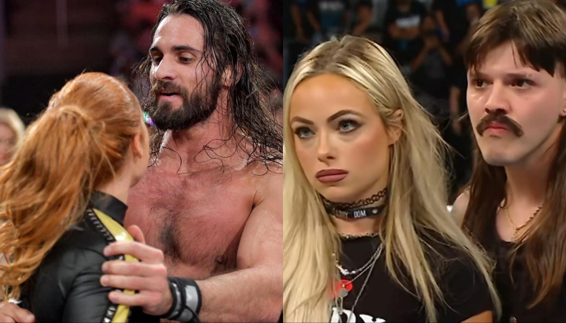 Seth Rollins and Becky (left) and Liv Morgan and Dominik Mysterio (right) - Photo credit: WWE.com and WWE on IG 