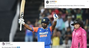 "Sanju Samson has only two moods these days" - Fans erupt as wicketkeeper-batter slams 109* off 56 in IND vs SA 4th T20I