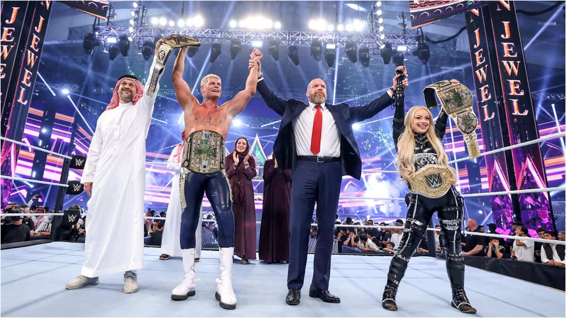 Triple H alongside Cody Rhodes and Liv Morgan at Crown Jewel 2024! (Photo source - WWE.com)