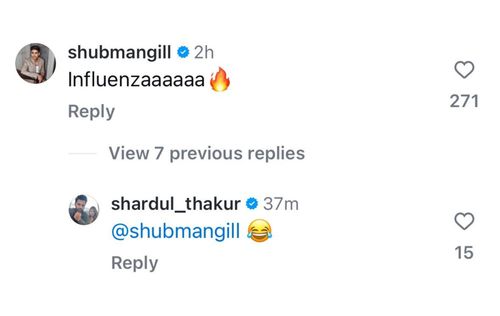 Screenshot of Shubman Gill and Shardul Thakur's comments on Washington Sundar's post.