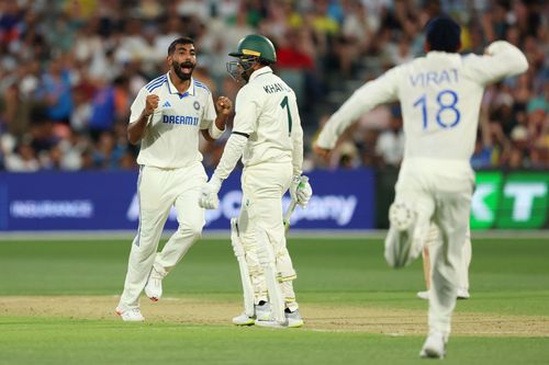 Jasprit Bumrah rejoices after picking up the wicket of Usman Khawaja [Source: Getty]