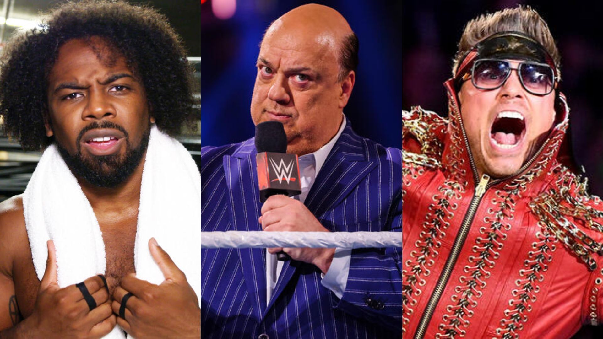 Left to right: Xavier Woods, Paul Heyman, The Miz [Image Credits: wwe.com]