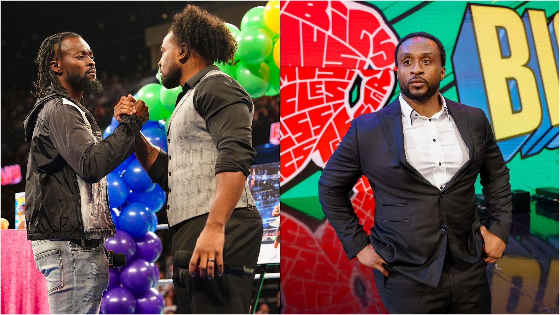 Xavier Woods &amp; Kofi Kingston (L), Big E (R). [Images via - WWE.com]