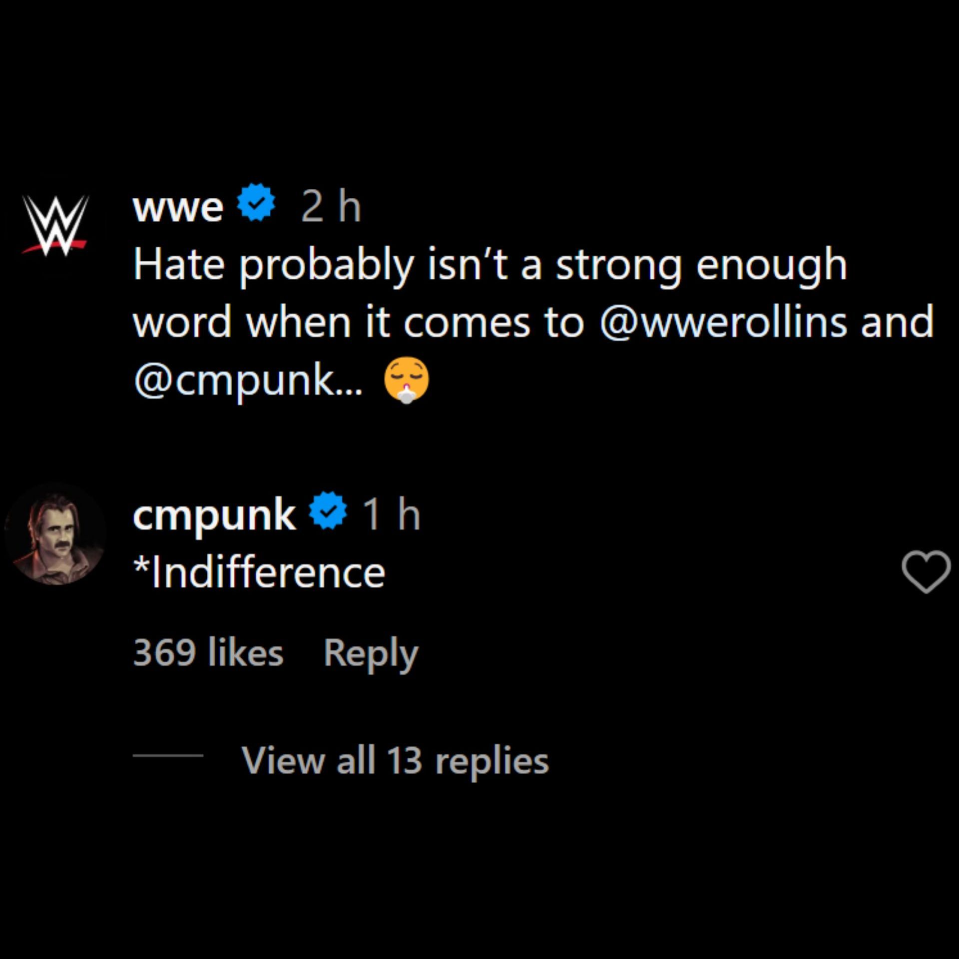 Screenshot of CM Punk&#039;s comment on WWE&#039;s Instagram post.