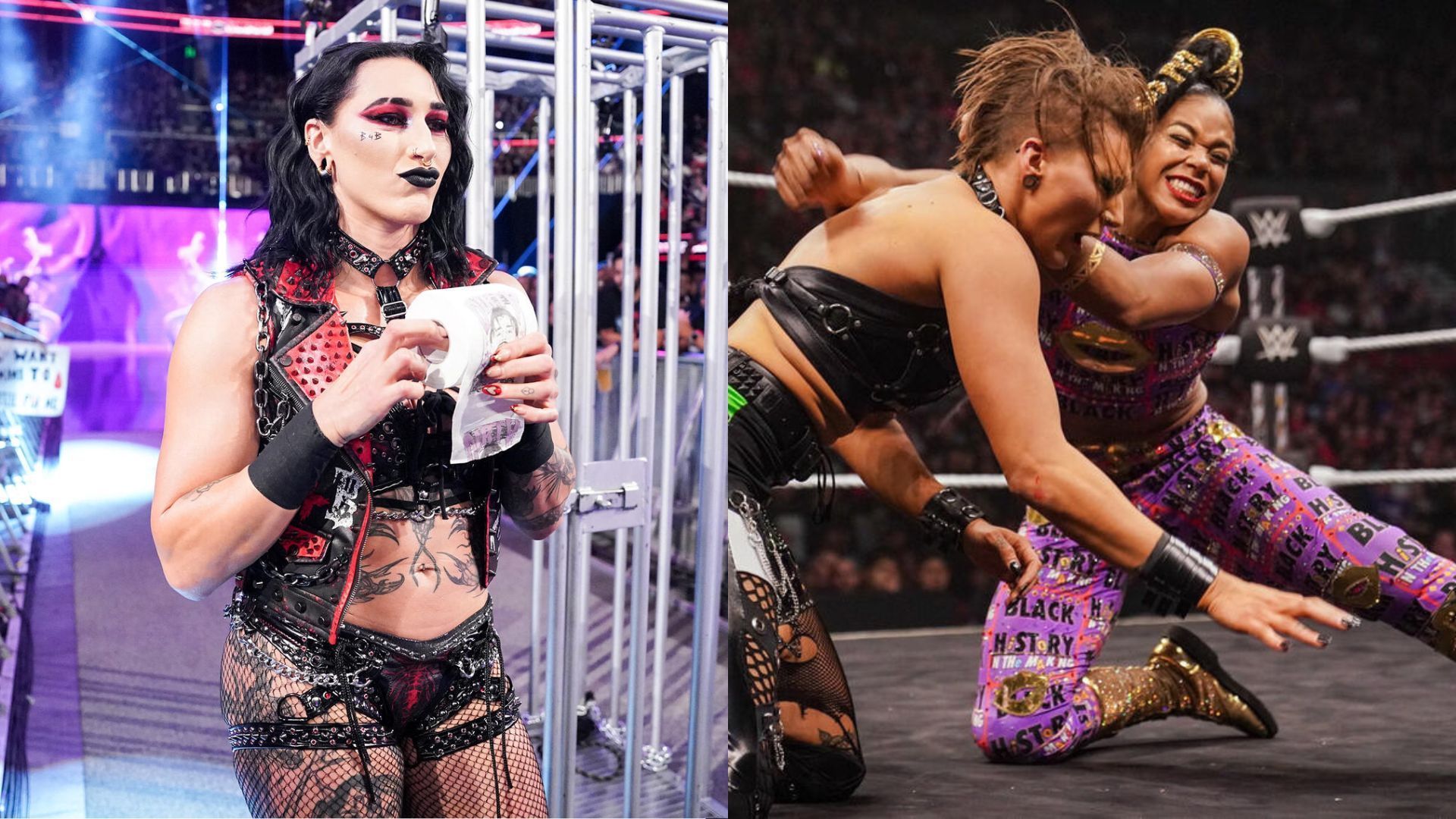 Rhea Ripley (left), Rhea Ripley vs. Bianca Belair (right) (Image Credits: WWE.com)