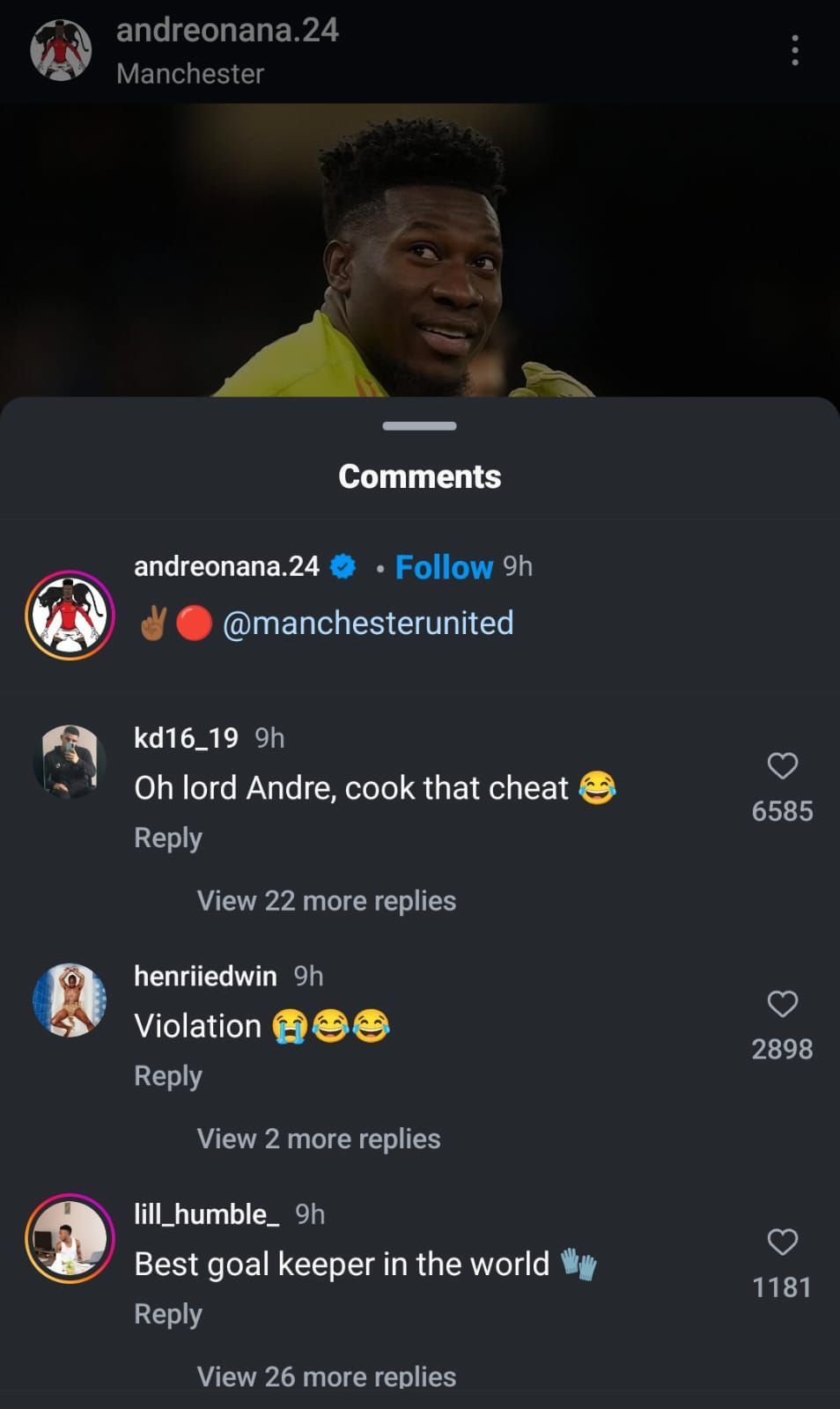 Fans&#039; comments on Andre Onana&#039;s post (Screenshot from Ig/@andreonana.24)