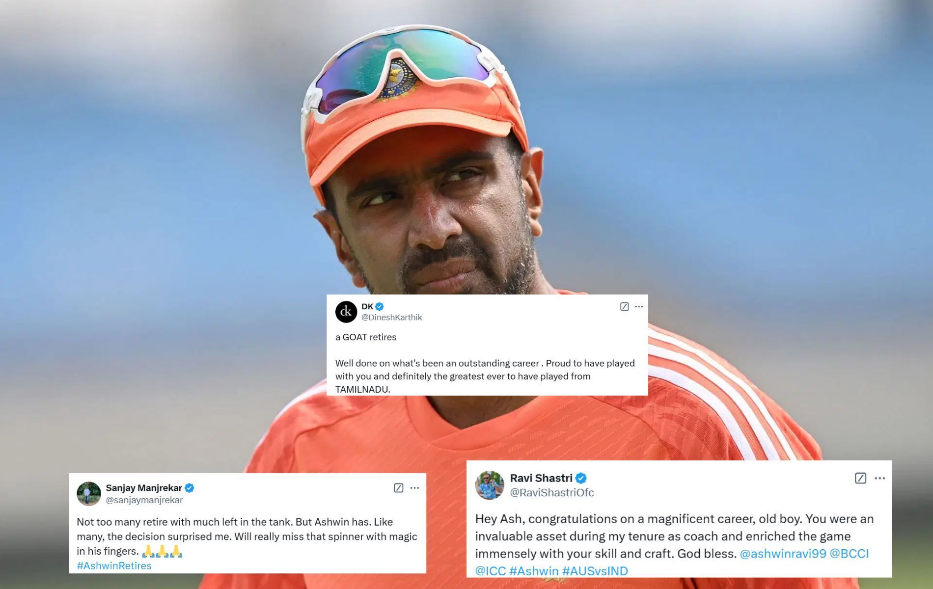 [Credit: Getty, @RaviShastriOfc, @sanjaymanjrekar, @DineshKarthik X handles]